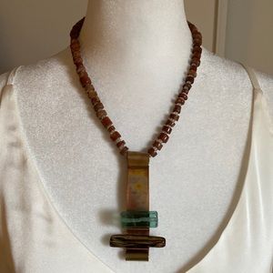 Handcrafted Statement Red Jasper Glass Bead Strand and Shell Pendant Necklace